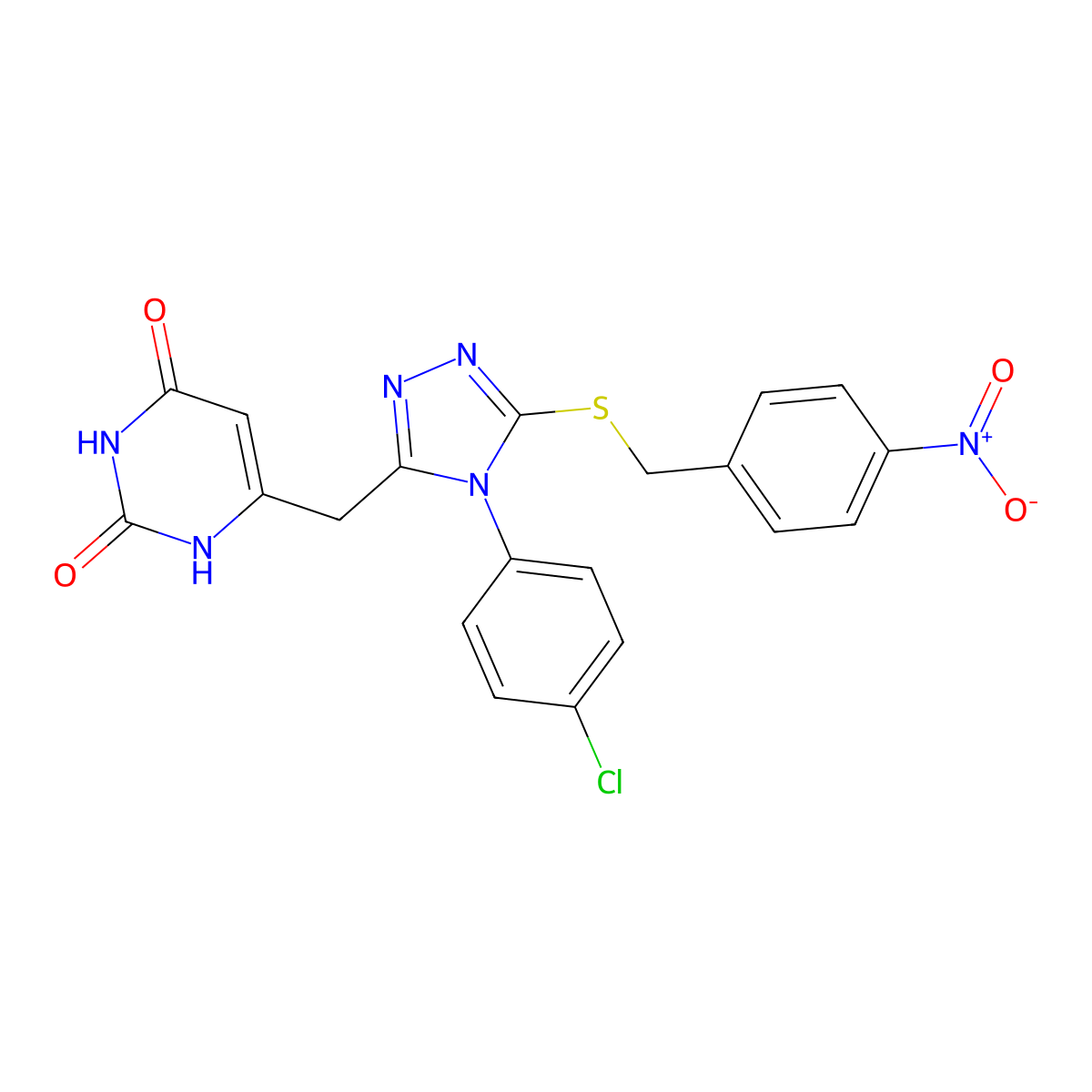 6-((4-(4-chlorophenyl)-5-((4-nitrobenzyl)thio)-4H-1,2,4-triazol-3-yl)methyl)pyrimidine-2,4(1H,3H)-dione molecular structure, CAS 852155-00-1