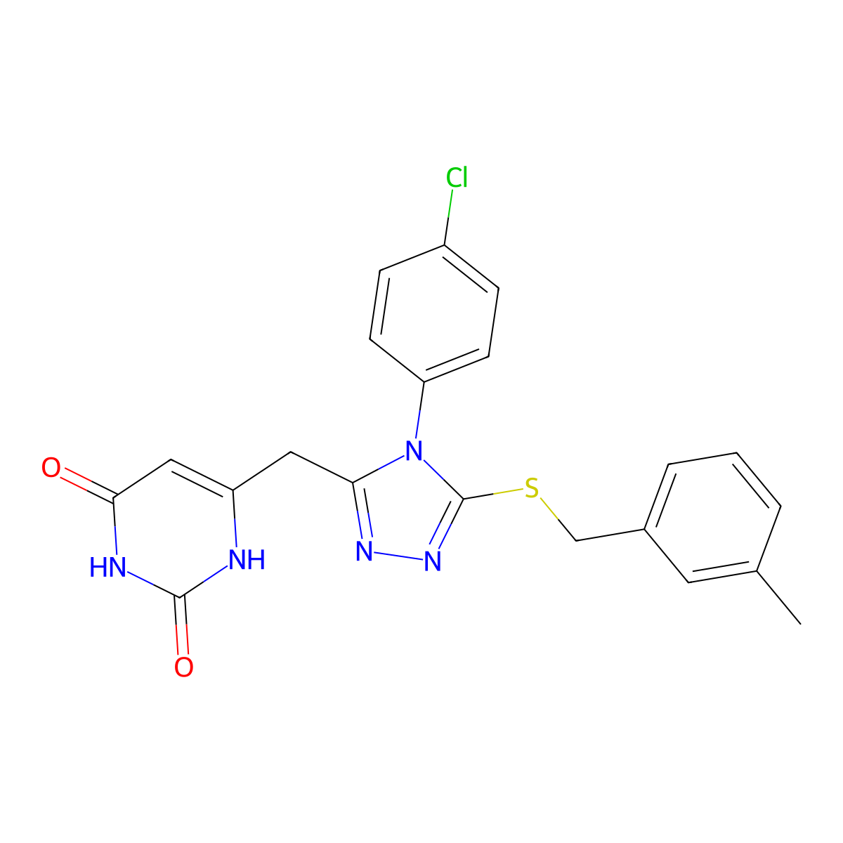 6-[[4-(4-chlorophenyl)-5-[(3-methylphenyl)methylsulfanyl]-1,2,4-triazol-3-yl]methyl]-1H-pyrimidine-2,4-dione molecular structure, CAS 852155-01-2