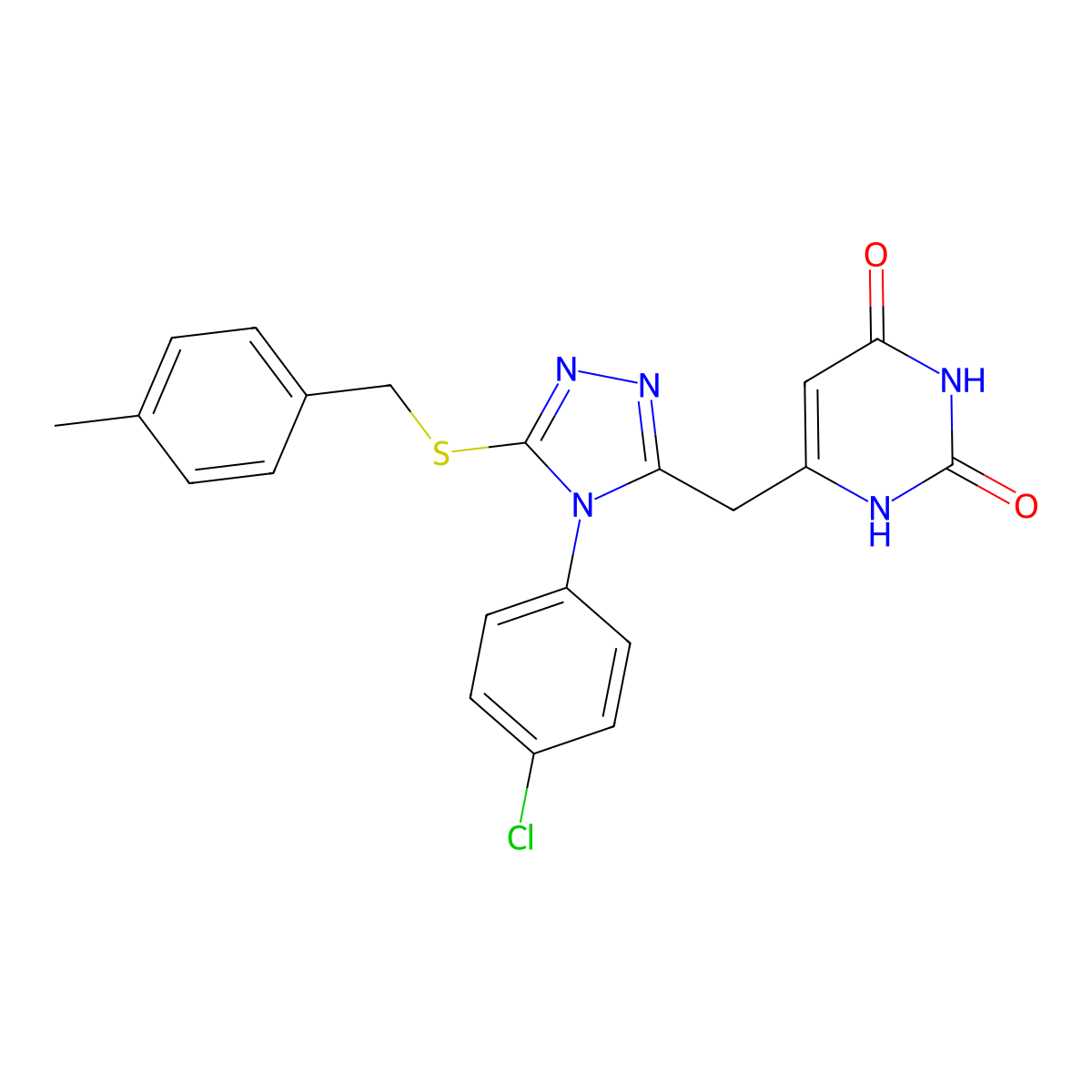 6-((4-(4-chlorophenyl)-5-((4-methylbenzyl)thio)-4H-1,2,4-triazol-3-yl)methyl)pyrimidine-2,4(1H,3H)-dione molecular structure, CAS 852155-03-4