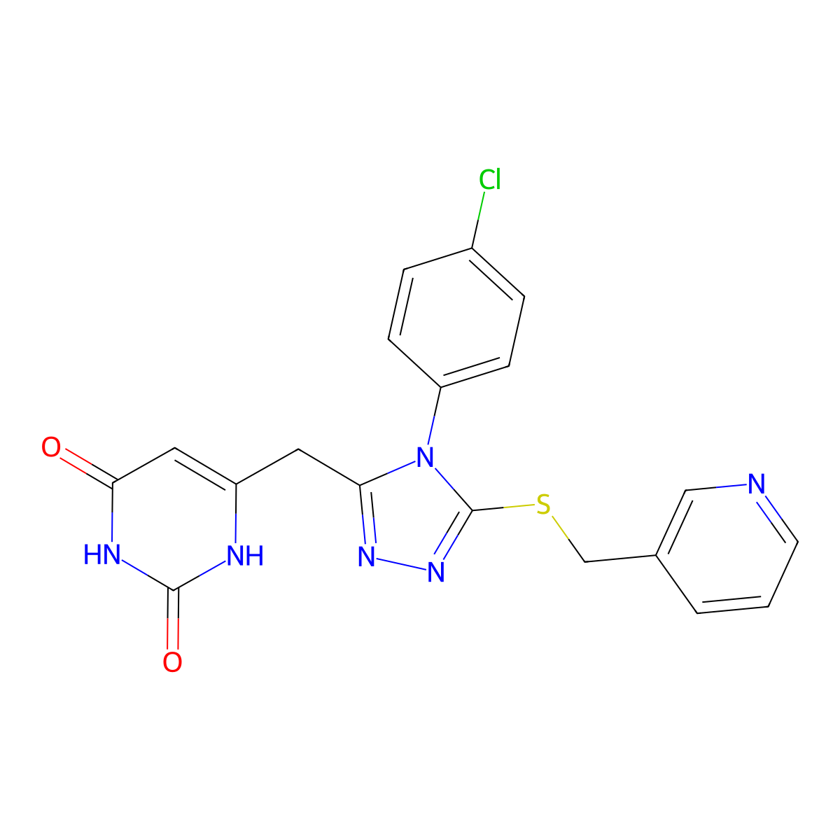 6-[[4-(4-chlorophenyl)-5-(pyridin-3-ylmethylsulfanyl)-1,2,4-triazol-3-yl]methyl]-1H-pyrimidine-2,4-dione molecular structure, CAS 852155-05-6