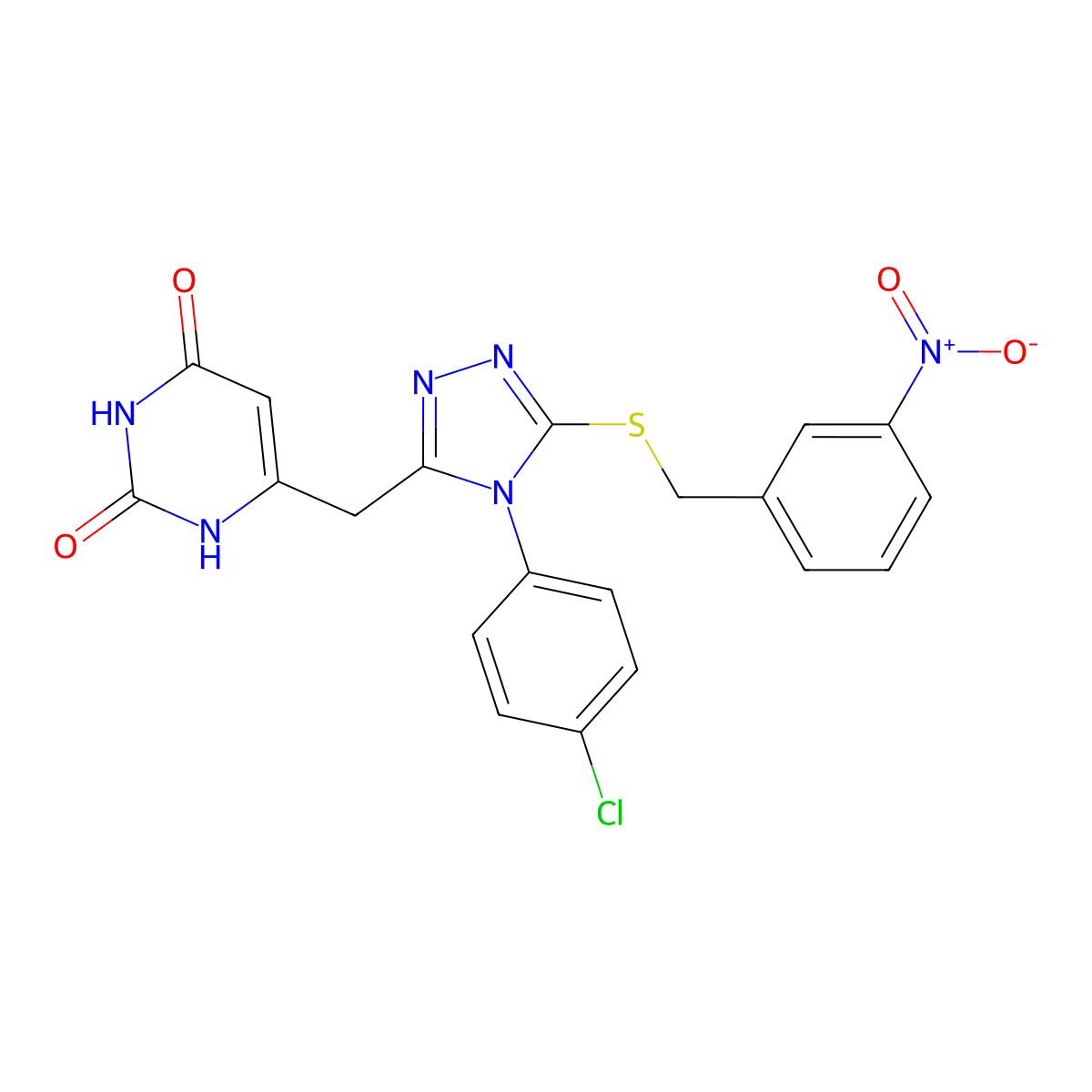 6-[[4-(4-chlorophenyl)-5-[(3-nitrophenyl)methylsulfanyl]-1,2,4-triazol-3-yl]methyl]-1H-pyrimidine-2,4-dione molecular structure, CAS 852155-06-7