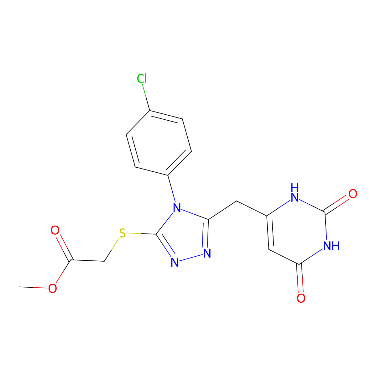 methyl 2-((4-(4-chlorophenyl)-5-((2,6-dioxo-1,2,3,6-tetrahydropyrimidin-4-yl)methyl)-4H-1,2,4-triazol-3-yl)thio)acetate molecular structure, CAS 852155-07-8
