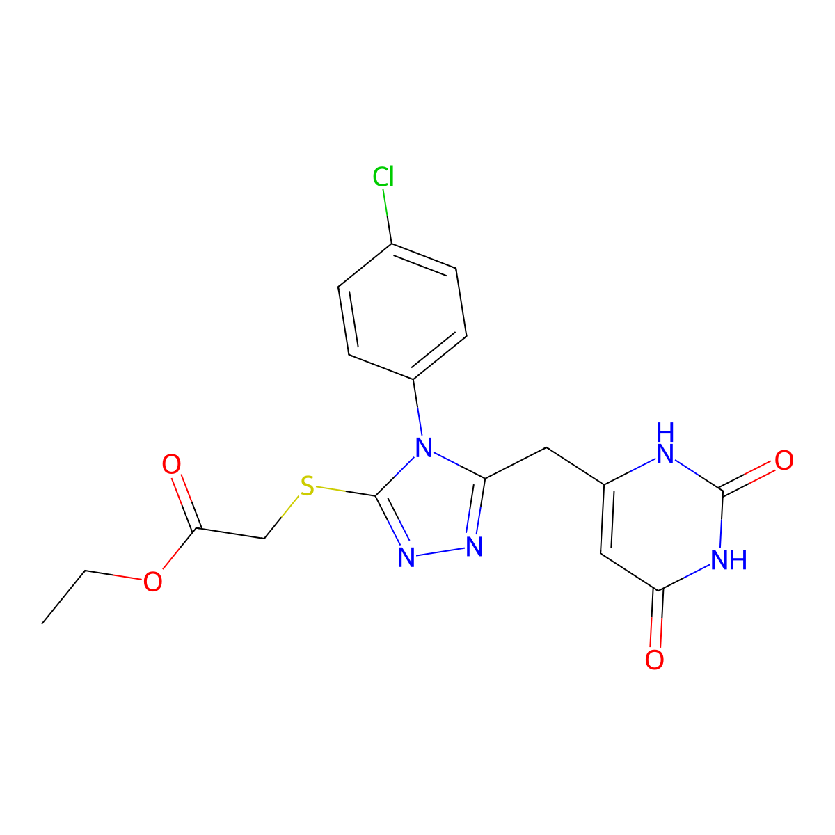 ethyl 2-((4-(4-chlorophenyl)-5-((2,6-dioxo-1,2,3,6-tetrahydropyrimidin-4-yl)methyl)-4H-1,2,4-triazol-3-yl)thio)acetate molecular structure, CAS 852155-08-9
