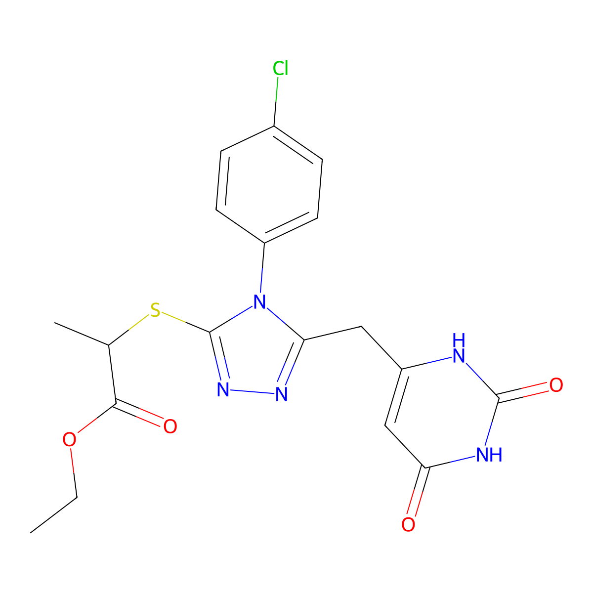 ethyl 2-[[4-(4-chlorophenyl)-5-[(2,4-dioxo-1H-pyrimidin-6-yl)methyl]-1,2,4-triazol-3-yl]sulfanyl]propanoate molecular structure, CAS 852155-09-0