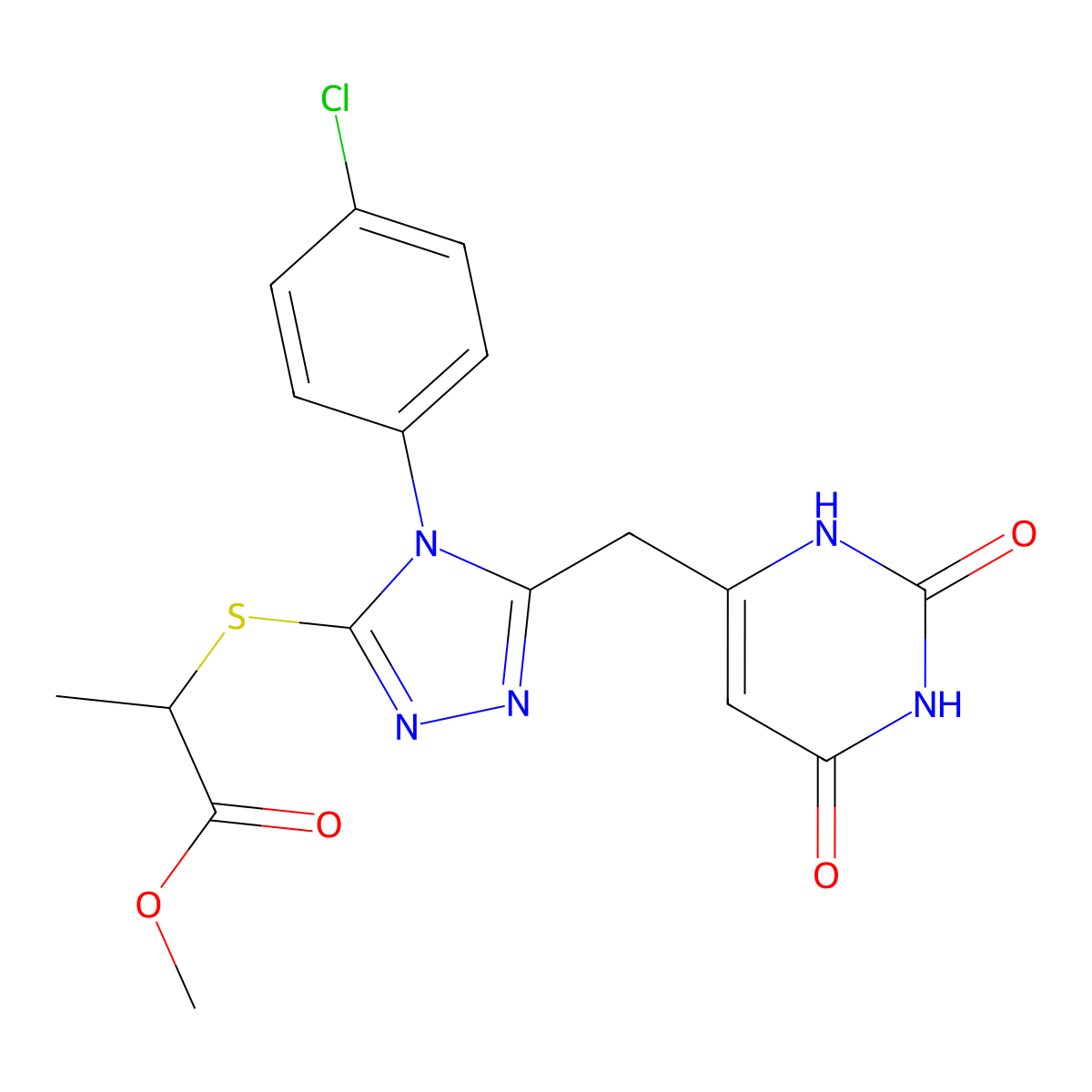 methyl 2-[[4-(4-chlorophenyl)-5-[(2,4-dioxo-1H-pyrimidin-6-yl)methyl]-1,2,4-triazol-3-yl]sulfanyl]propanoate molecular structure, CAS 852155-10-3