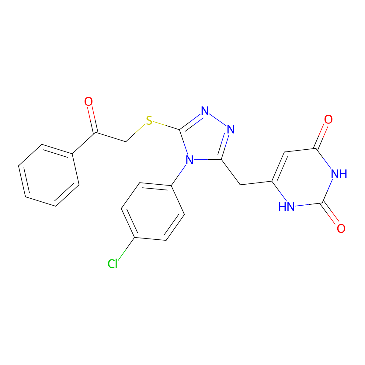 6-[[4-(4-chlorophenyl)-5-phenacylsulfanyl-1,2,4-triazol-3-yl]methyl]-1H-pyrimidine-2,4-dione molecular structure, CAS 852155-11-4