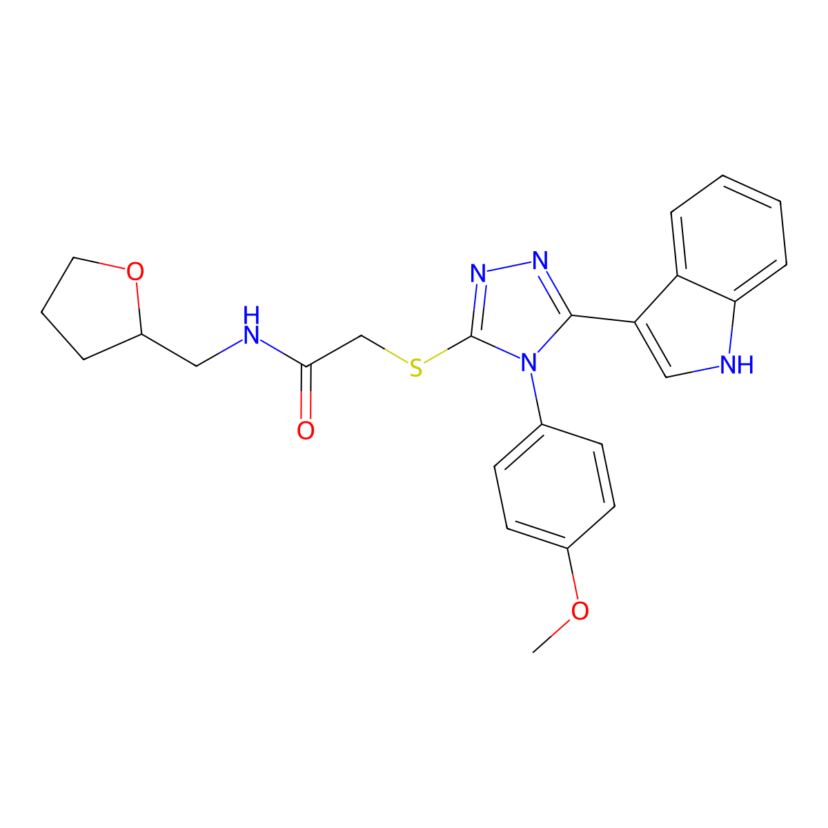 2-((5-(1H-indol-3-yl)-4-(4-methoxyphenyl)-4H-1,2,4-triazol-3-yl)thio)-N-((tetrahydrofuran-2-yl)methyl)acetamide molecular structure, CAS 852167-25-0