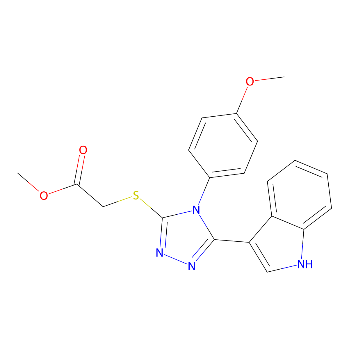 methyl 2-((5-(1H-indol-3-yl)-4-(4-methoxyphenyl)-4H-1,2,4-triazol-3-yl)thio)acetate molecular structure, CAS 852167-29-4
