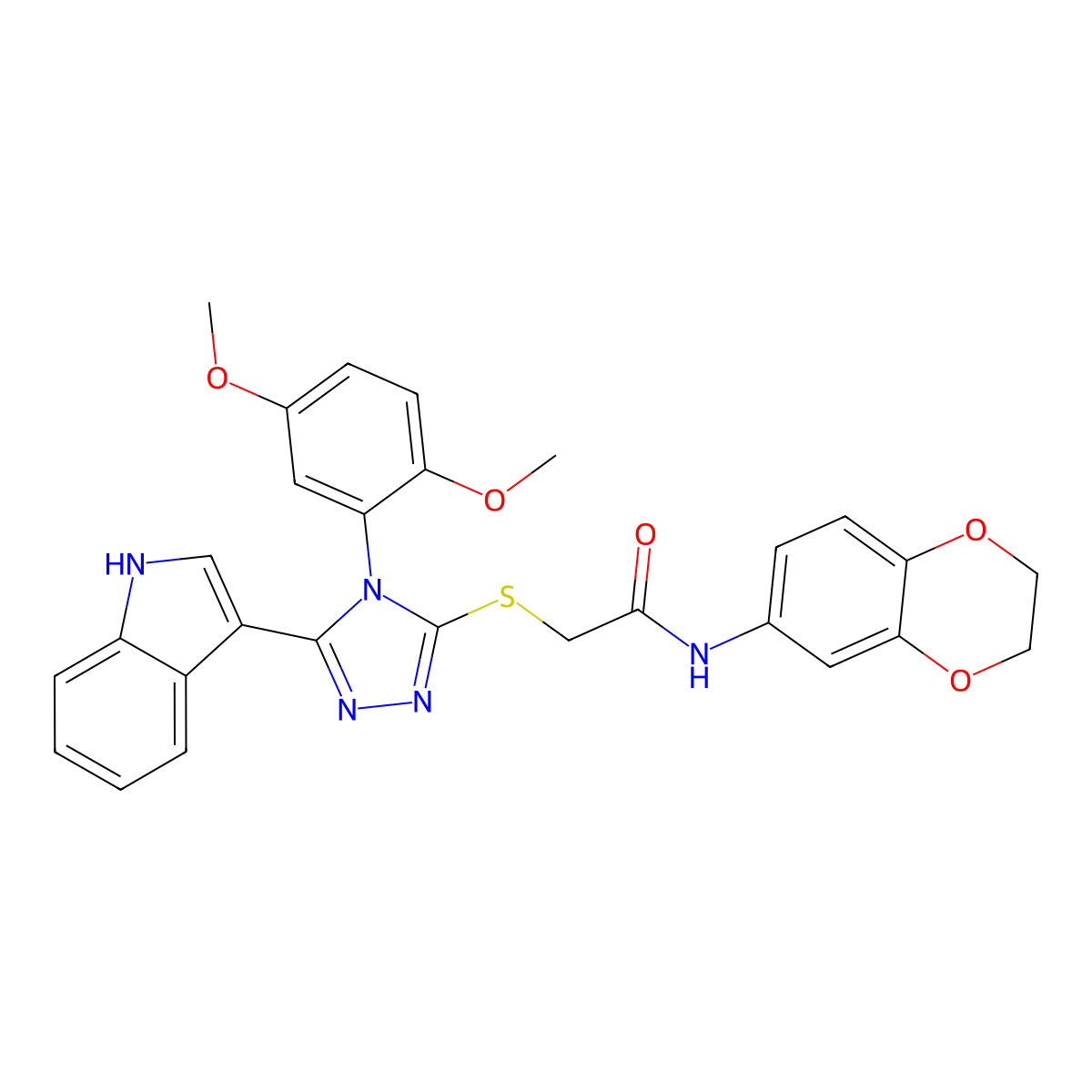 N-(2,3-dihydrobenzo[b][1,4]dioxin-6-yl)-2-((4-(2,5-dimethoxyphenyl)-5-(1H-indol-3-yl)-4H-1,2,4-triazol-3-yl)thio)acetamide molecular structure, CAS 852167-39-6