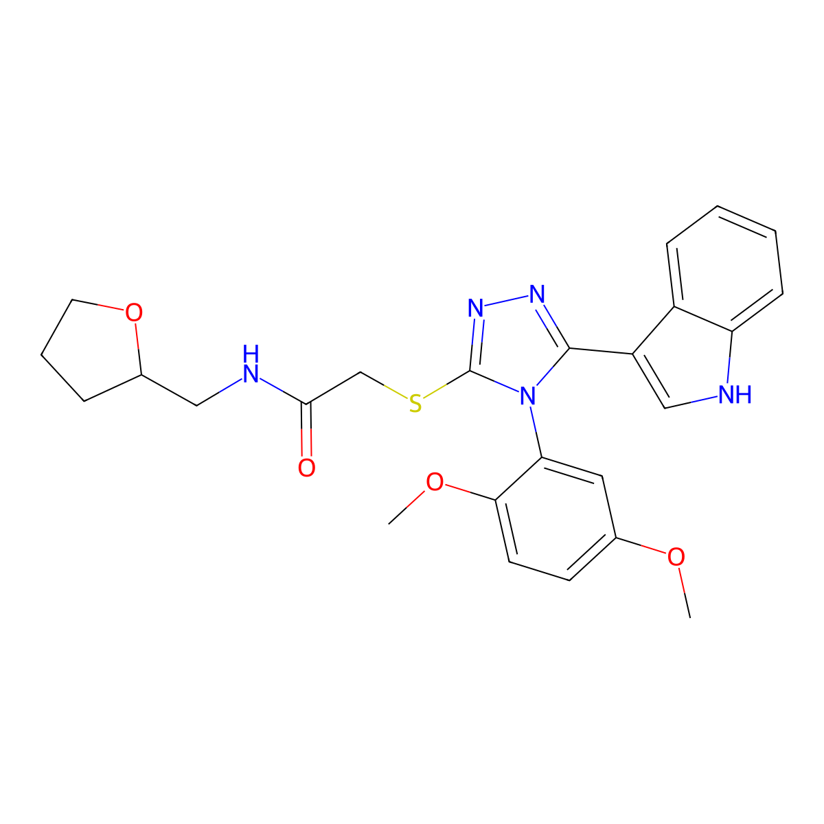 2-((4-(2,5-dimethoxyphenyl)-5-(1H-indol-3-yl)-4H-1,2,4-triazol-3-yl)thio)-N-((tetrahydrofuran-2-yl)methyl)acetamide molecular structure, CAS 852167-42-1