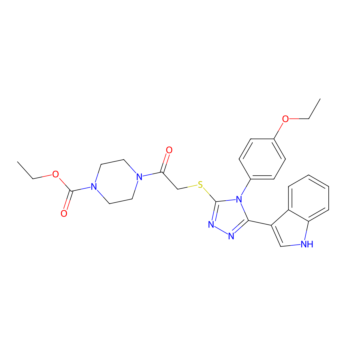 ethyl 4-(2-((4-(4-ethoxyphenyl)-5-(1H-indol-3-yl)-4H-1,2,4-triazol-3-yl)thio)acetyl)piperazine-1-carboxylate molecular structure, CAS 852167-52-3