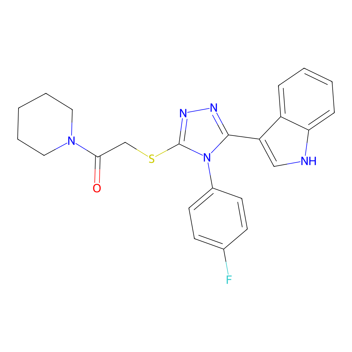 2-((4-(4-fluorophenyl)-5-(1H-indol-3-yl)-4H-1,2,4-triazol-3-yl)thio)-1-(piperidin-1-yl)ethanone molecular structure, CAS 852167-61-4
