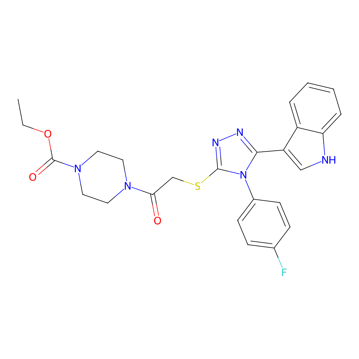 ethyl 4-(2-((4-(4-fluorophenyl)-5-(1H-indol-3-yl)-4H-1,2,4-triazol-3-yl)thio)acetyl)piperazine-1-carboxylate molecular structure, CAS 852167-63-6