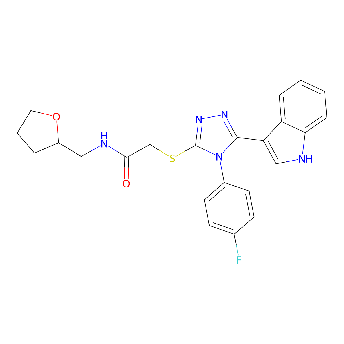2-((4-(4-fluorophenyl)-5-(1H-indol-3-yl)-4H-1,2,4-triazol-3-yl)thio)-N-((tetrahydrofuran-2-yl)methyl)acetamide molecular structure, CAS 852167-68-1