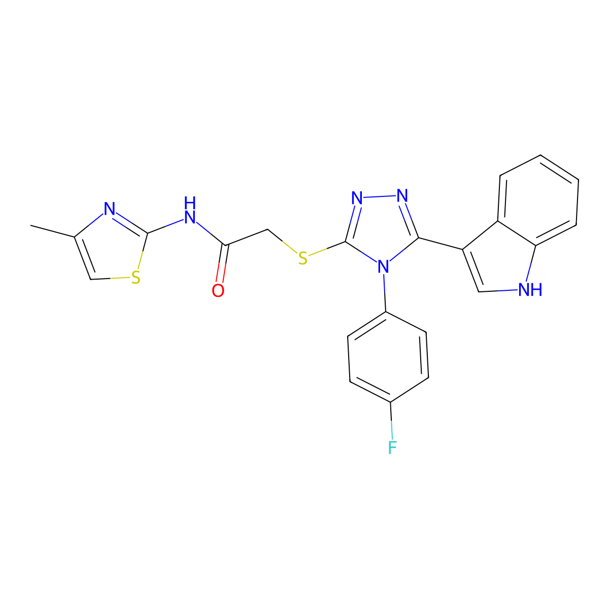 2-((4-(4-fluorophenyl)-5-(1H-indol-3-yl)-4H-1,2,4-triazol-3-yl)thio)-N-(4-methylthiazol-2-yl)acetamide molecular structure, CAS 852167-70-5