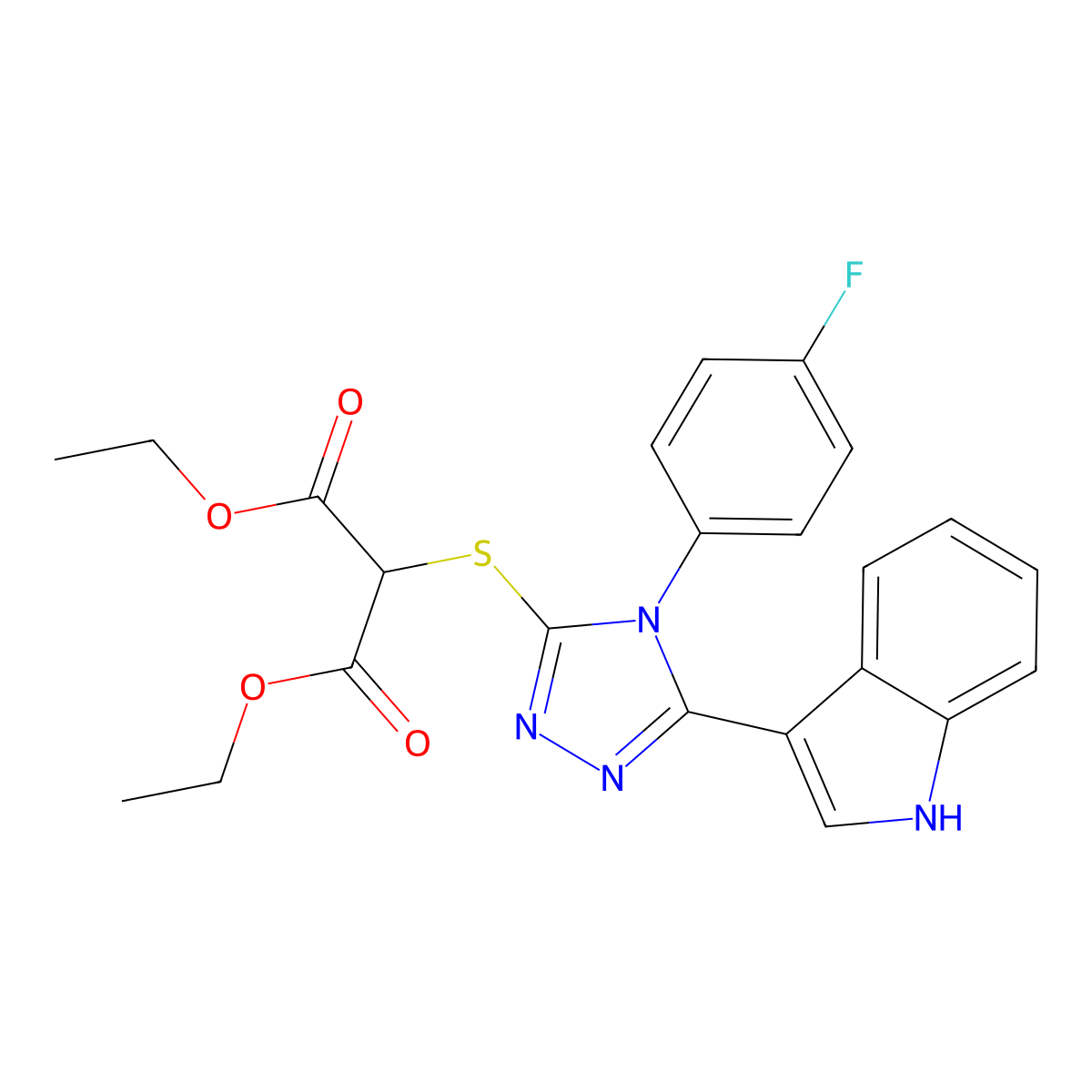 diethyl 2-((4-(4-fluorophenyl)-5-(1H-indol-3-yl)-4H-1,2,4-triazol-3-yl)thio)malonate molecular structure, CAS 852167-75-0