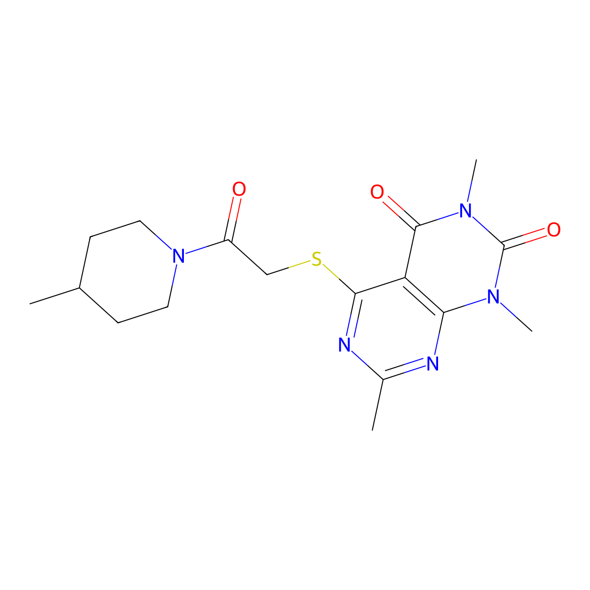 1,3,7-trimethyl-5-((2-(4-methylpiperidin-1-yl)-2-oxoethyl)thio)pyrimido[4,5-d]pyrimidine-2,4(1H,3H)-dione molecular structure, CAS 852167-90-9