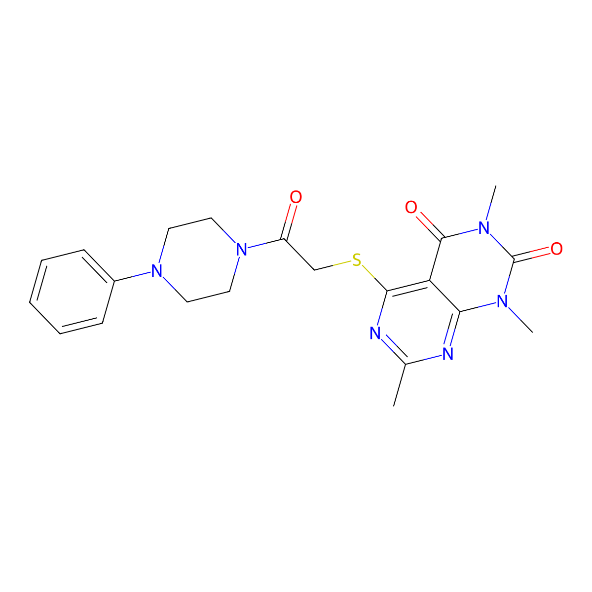 1,3,7-Trimethyl-5-[2-oxo-2-(4-phenylpiperazin-1-yl)ethyl]sulfanylpyrimido[4,5-d]pyrimidine-2,4-dione molecular structure, CAS 852167-91-0