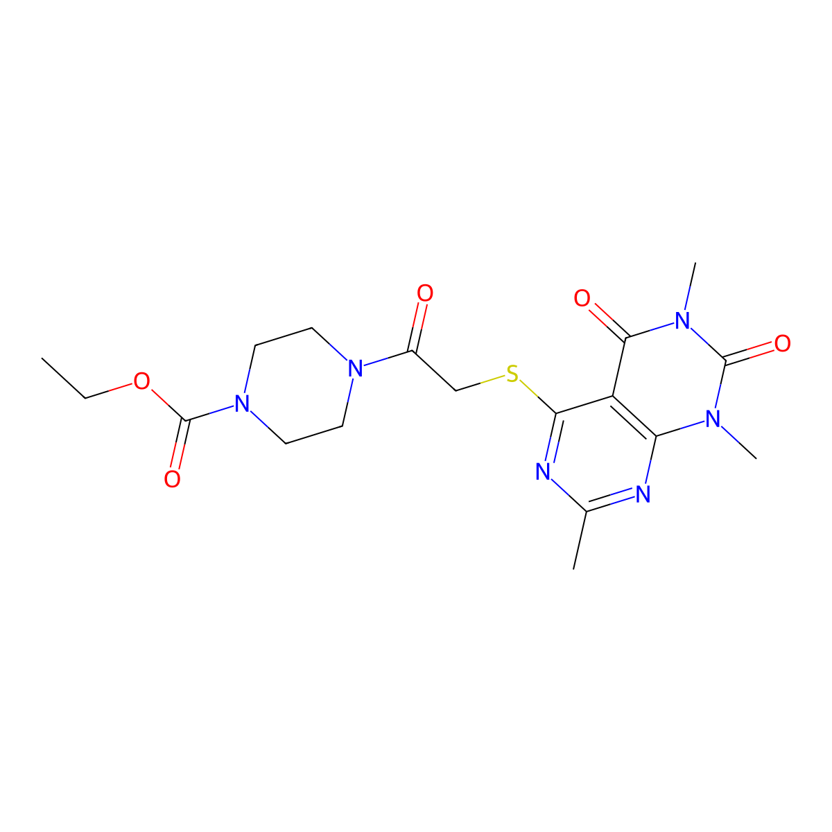 Ethyl 4-(2-((2,6,8-trimethyl-5,7-dioxo-5,6,7,8-tetrahydropyrimido[4,5-d]pyrimidin-4-yl)thio)acetyl)piperazine-1-carboxylate molecular structure, CAS 852167-93-2