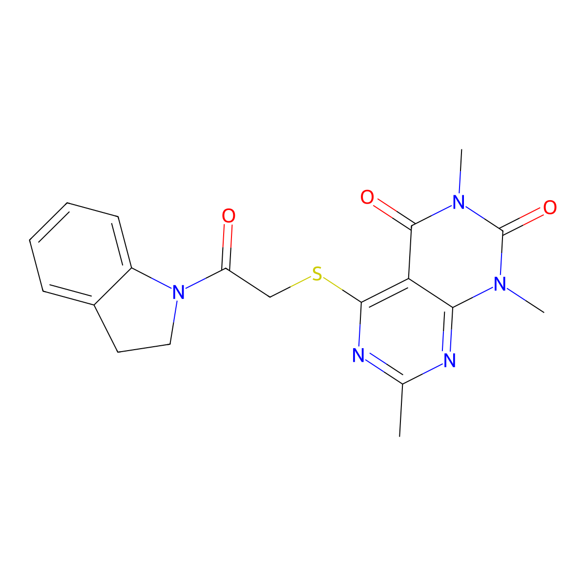 5-((2-(indolin-1-yl)-2-oxoethyl)thio)-1,3,7-trimethylpyrimido[4,5-d]pyrimidine-2,4(1H,3H)-dione molecular structure, CAS 852167-95-4