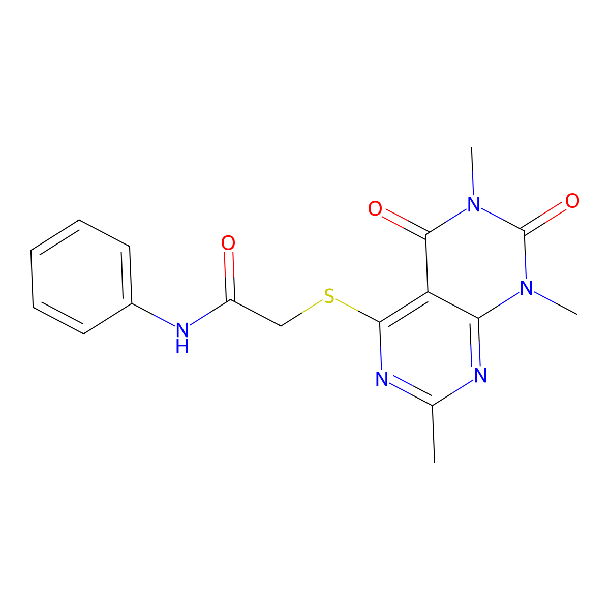 N-phenyl-2-((2,6,8-trimethyl-5,7-dioxo-5,6,7,8-tetrahydropyrimido[4,5-d]pyrimidin-4-yl)thio)acetamide molecular structure, CAS 852167-97-6