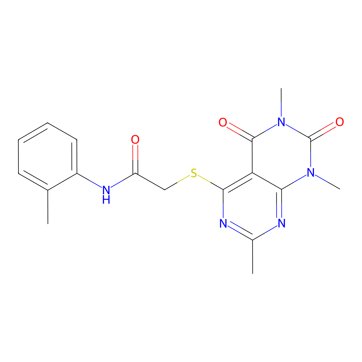 N-(o-tolyl)-2-((2,6,8-trimethyl-5,7-dioxo-5,6,7,8-tetrahydropyrimido[4,5-d]pyrimidin-4-yl)thio)acetamide molecular structure, CAS 852167-99-8