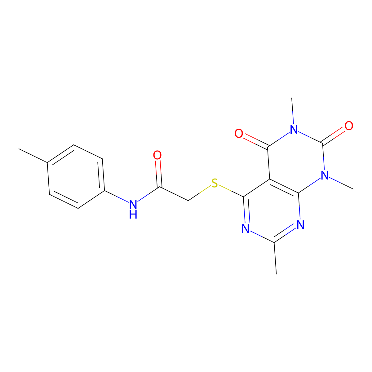 N-(p-tolyl)-2-((2,6,8-trimethyl-5,7-dioxo-5,6,7,8-tetrahydropyrimido[4,5-d]pyrimidin-4-yl)thio)acetamide molecular structure, CAS 852168-01-5