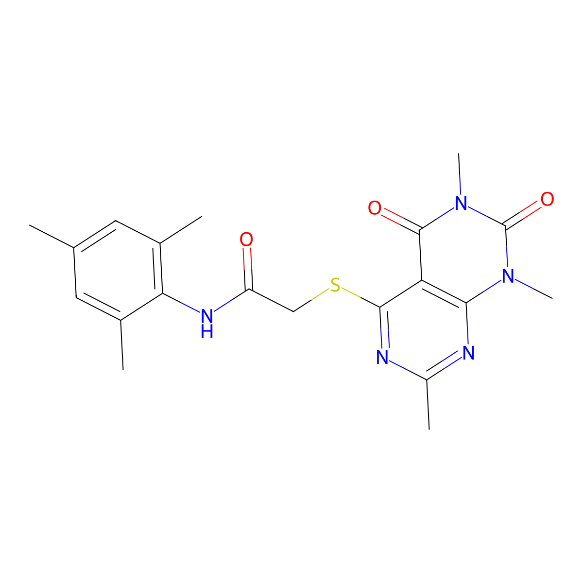 2-(1,3,7-trimethyl-2,4-dioxopyrimido[4,5-d]pyrimidin-5-yl)sulfanyl-N-(2,4,6-trimethylphenyl)acetamide molecular structure, CAS 852168-06-0