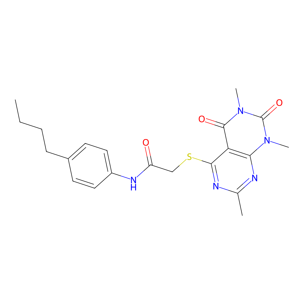N-(4-butylphenyl)-2-((2,6,8-trimethyl-5,7-dioxo-5,6,7,8-tetrahydropyrimido[4,5-d]pyrimidin-4-yl)thio)acetamide molecular structure, CAS 852168-08-2