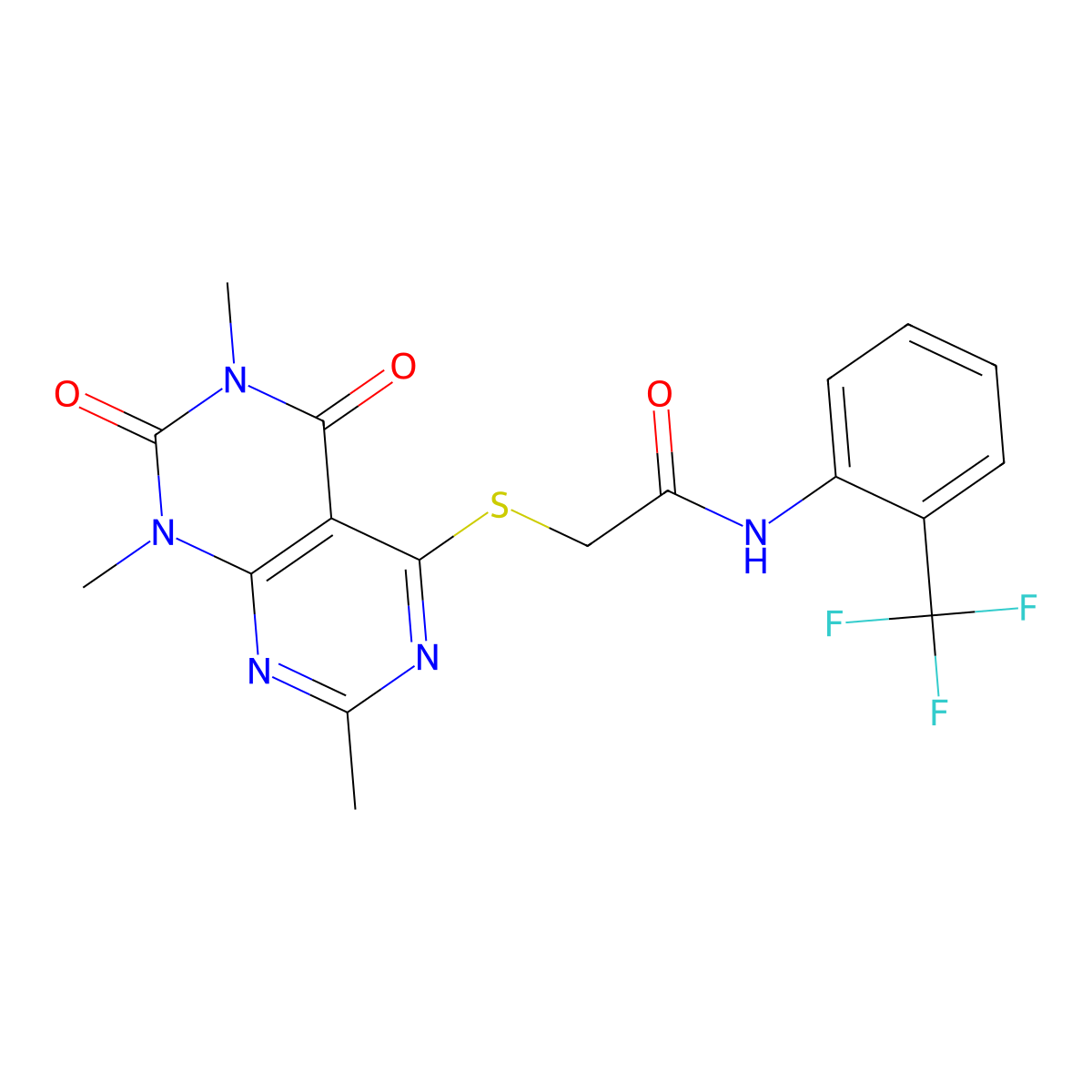 N-(2-(trifluoromethyl)phenyl)-2-((2,6,8-trimethyl-5,7-dioxo-5,6,7,8-tetrahydropyrimido[4,5-d]pyrimidin-4-yl)thio)acetamide molecular structure, CAS 852168-28-6