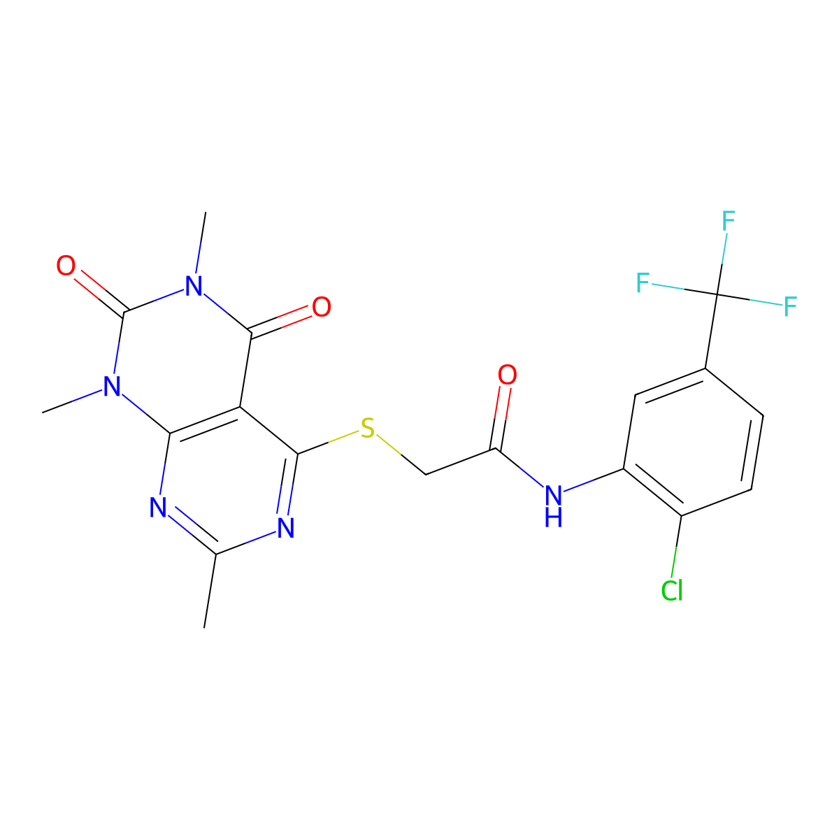 N-(2-chloro-5-(trifluoromethyl)phenyl)-2-((2,6,8-trimethyl-5,7-dioxo-5,6,7,8-tetrahydropyrimido[4,5-d]pyrimidin-4-yl)thio)acetamide molecular structure, CAS 852168-31-1