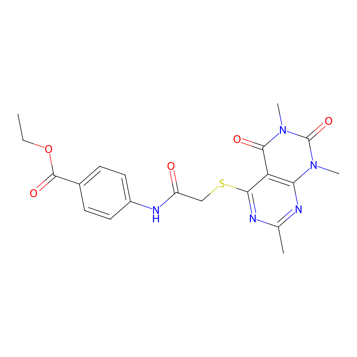 Ethyl 4-[[2-(1,3,7-trimethyl-2,4-dioxopyrimido[4,5-d]pyrimidin-5-yl)sulfanylacetyl]amino]benzoate molecular structure, CAS 852168-34-4
