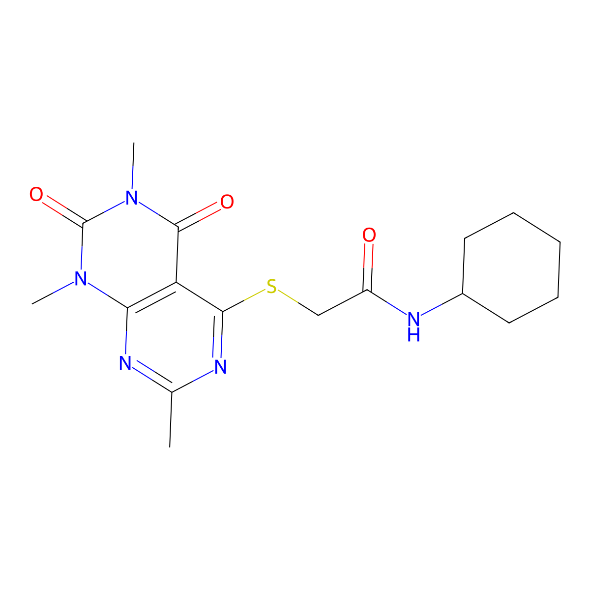 N-cyclohexyl-2-((2,6,8-trimethyl-5,7-dioxo-5,6,7,8-tetrahydropyrimido[4,5-d]pyrimidin-4-yl)thio)acetamide molecular structure, CAS 852168-37-7