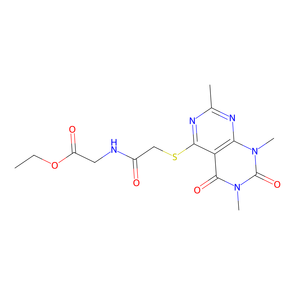 Ethyl 2-(2-((2,6,8-trimethyl-5,7-dioxo-5,6,7,8-tetrahydropyrimido[4,5-d]pyrimidin-4-yl)thio)acetamido)acetate molecular structure, CAS 852168-38-8