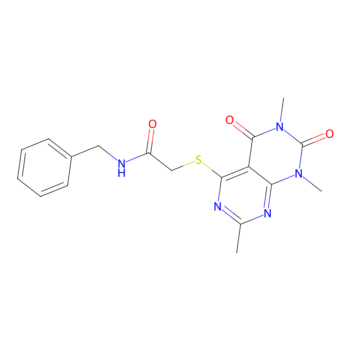 N-benzyl-2-(1,3,7-trimethyl-2,4-dioxopyrimido[4,5-d]pyrimidin-5-yl)sulfanylacetamide molecular structure, CAS 852168-39-9