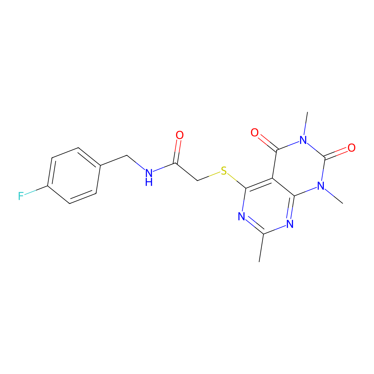 N-(4-fluorobenzyl)-2-((2,6,8-trimethyl-5,7-dioxo-5,6,7,8-tetrahydropyrimido[4,5-d]pyrimidin-4-yl)thio)acetamide molecular structure, CAS 852168-40-2