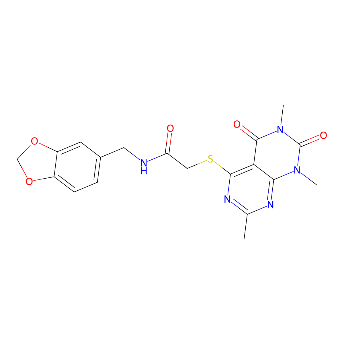 N-(benzo[d][1,3]dioxol-5-ylmethyl)-2-((2,6,8-trimethyl-5,7-dioxo-5,6,7,8-tetrahydropyrimido[4,5-d]pyrimidin-4-yl)thio)acetamide molecular structure, CAS 852168-41-3