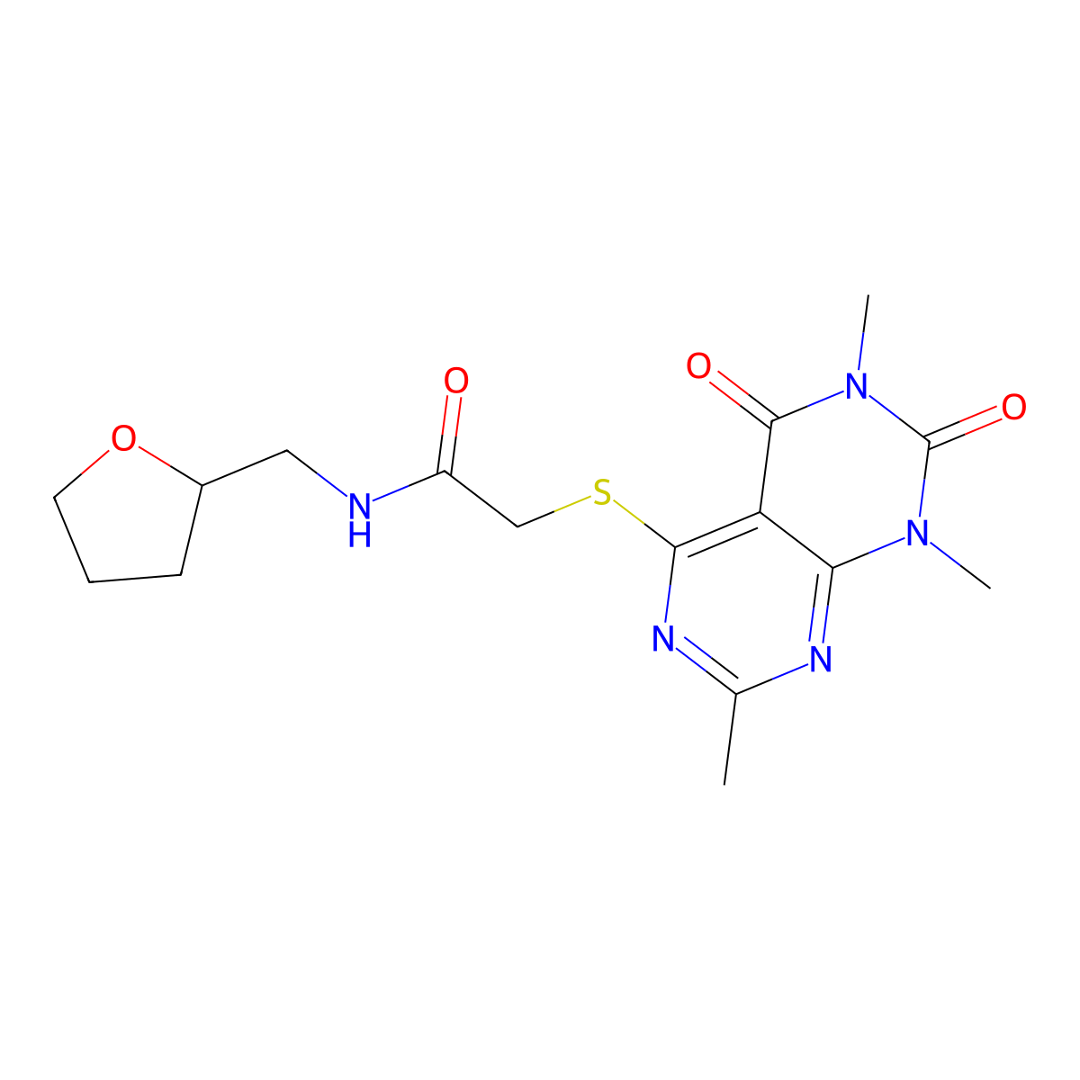 N-((tetrahydrofuran-2-yl)methyl)-2-((2,6,8-trimethyl-5,7-dioxo-5,6,7,8-tetrahydropyrimido[4,5-d]pyrimidin-4-yl)thio)acetamide molecular structure, CAS 852168-42-4