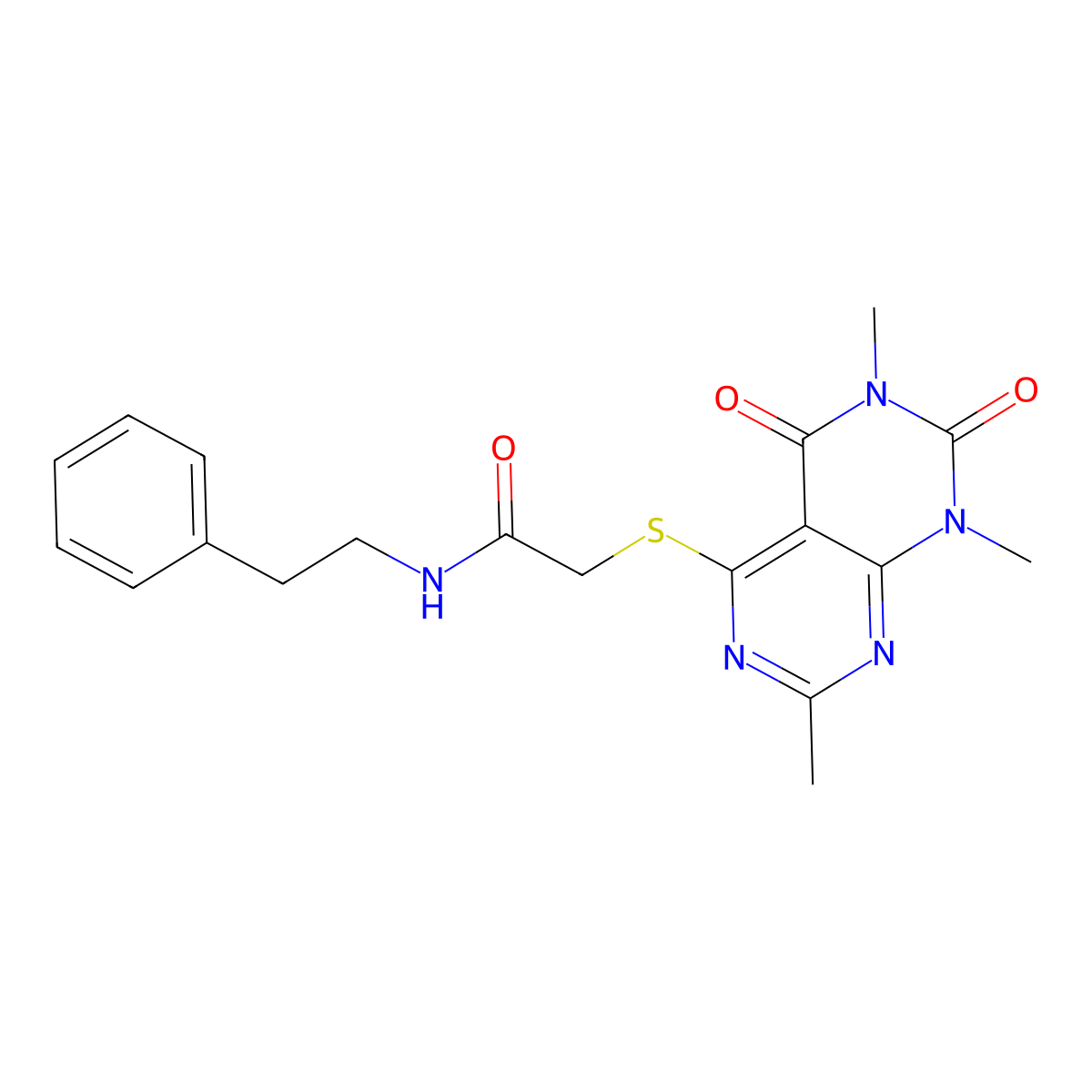 N-phenethyl-2-((2,6,8-trimethyl-5,7-dioxo-5,6,7,8-tetrahydropyrimido[4,5-d]pyrimidin-4-yl)thio)acetamide molecular structure, CAS 852168-44-6