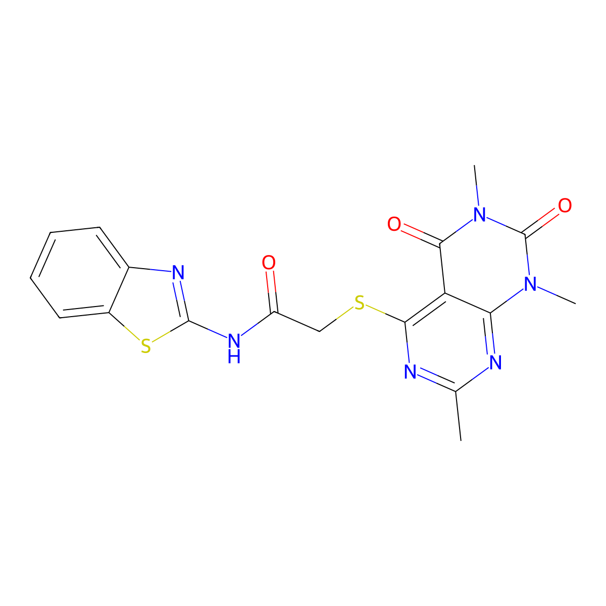 N-(benzo[d]thiazol-2-yl)-2-((2,6,8-trimethyl-5,7-dioxo-5,6,7,8-tetrahydropyrimido[4,5-d]pyrimidin-4-yl)thio)acetamide molecular structure, CAS 852168-48-0