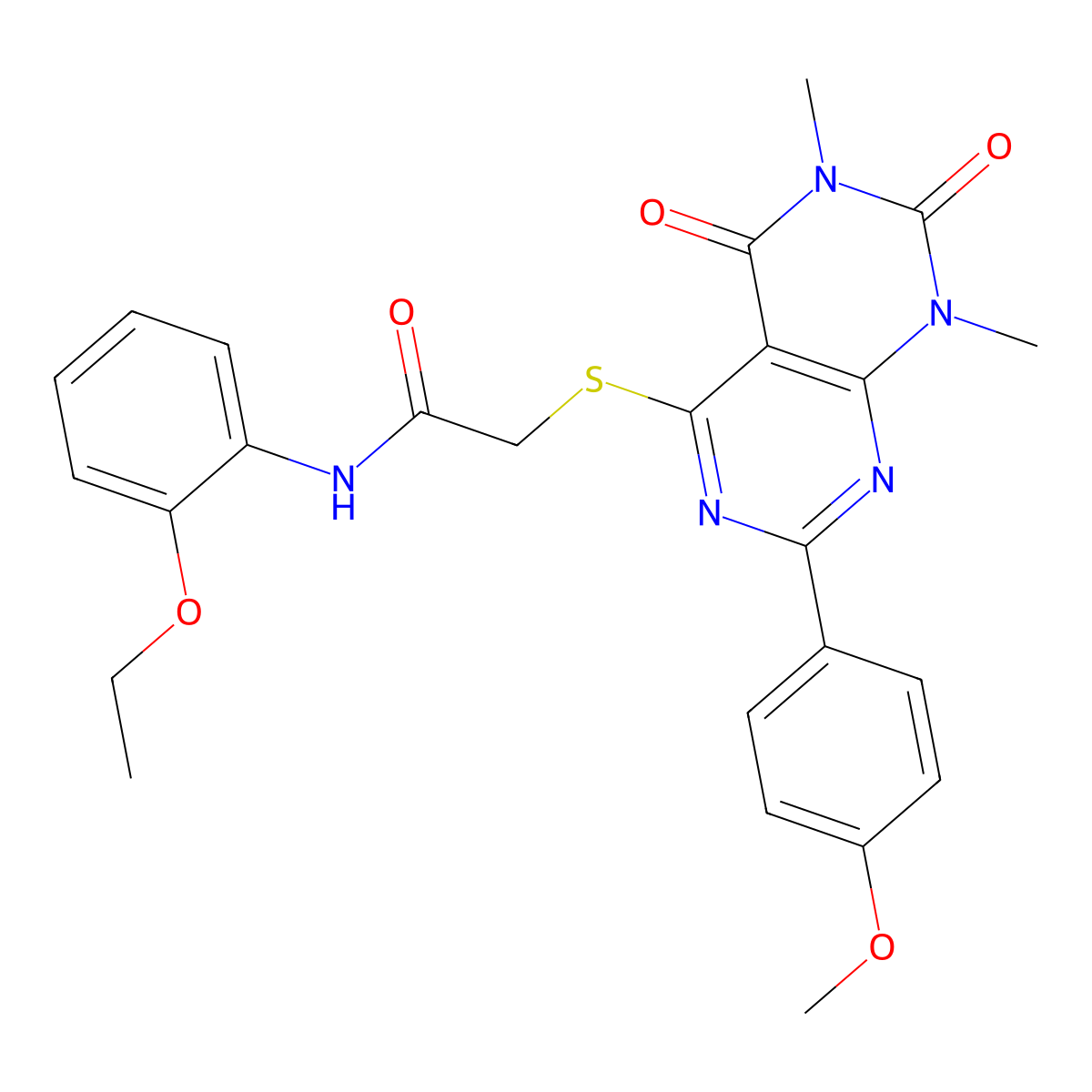 N-(2-ethoxyphenyl)-2-((2-(4-methoxyphenyl)-6,8-dimethyl-5,7-dioxo-5,6,7,8-tetrahydropyrimido[4,5-d]pyrimidin-4-yl)thio)acetamide molecular structure, CAS 852168-51-5