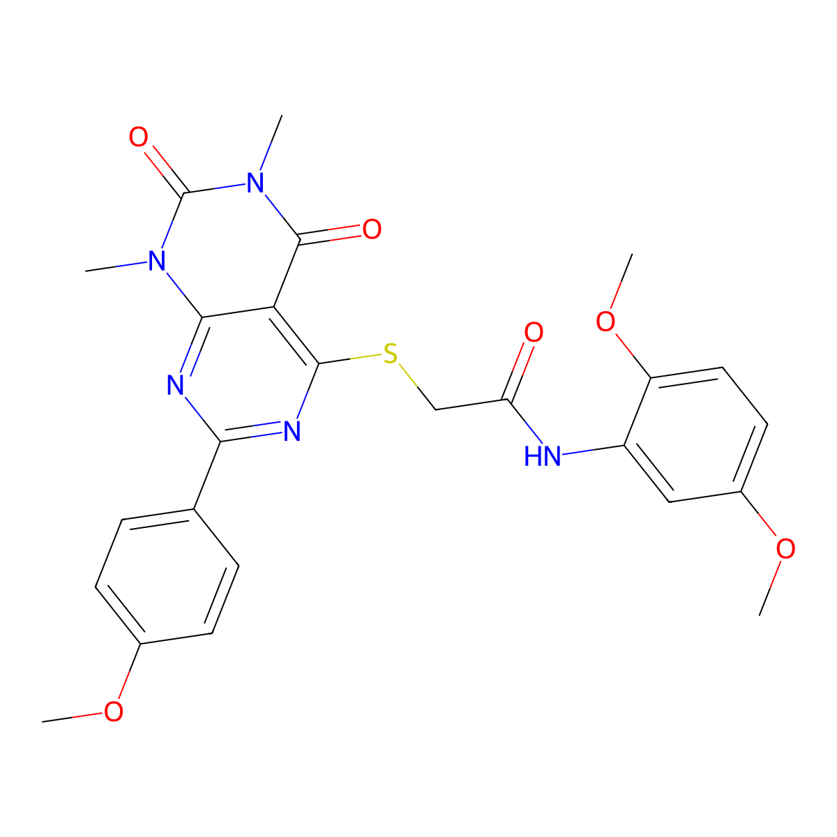 N-(2,5-dimethoxyphenyl)-2-((2-(4-methoxyphenyl)-6,8-dimethyl-5,7-dioxo-5,6,7,8-tetrahydropyrimido[4,5-d]pyrimidin-4-yl)thio)acetamide molecular structure, CAS 852168-55-9