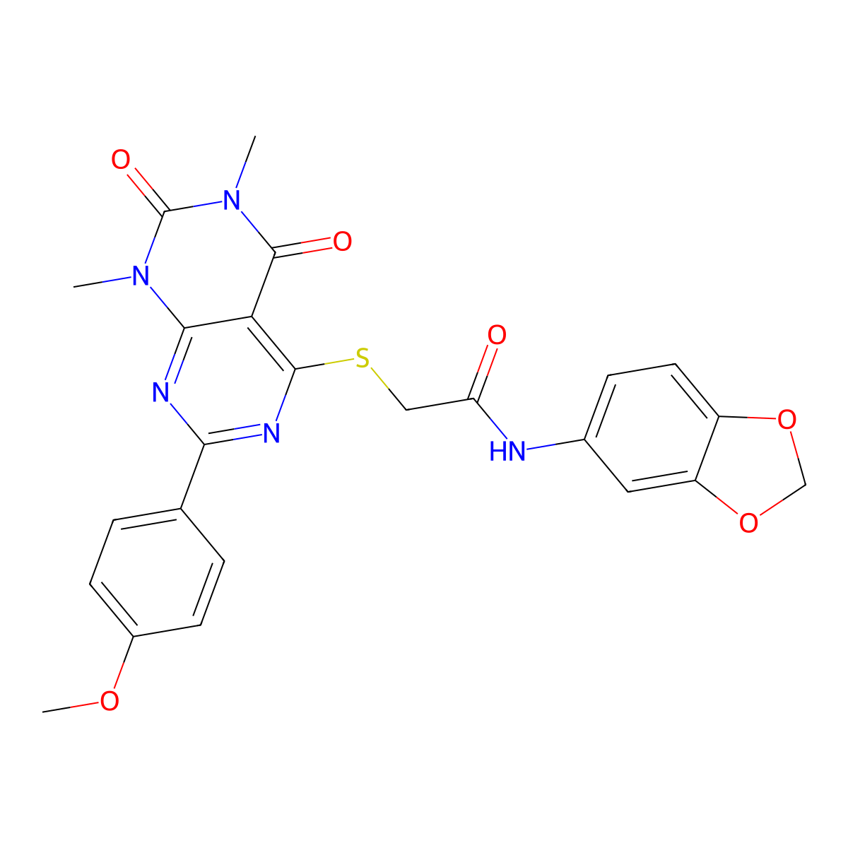 N-(benzo[d][1,3]dioxol-5-yl)-2-((2-(4-methoxyphenyl)-6,8-dimethyl-5,7-dioxo-5,6,7,8-tetrahydropyrimido[4,5-d]pyrimidin-4-yl)thio)acetamide molecular structure, CAS 852168-57-1
