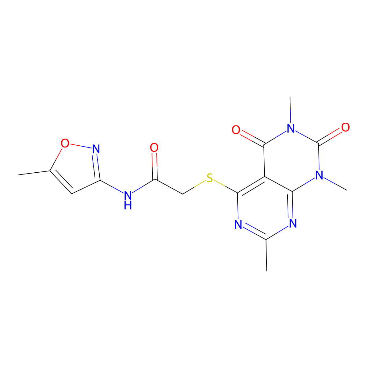 N-(5-methylisoxazol-3-yl)-2-((2,6,8-trimethyl-5,7-dioxo-5,6,7,8-tetrahydropyrimido[4,5-d]pyrimidin-4-yl)thio)acetamide molecular structure, CAS 852168-58-2
