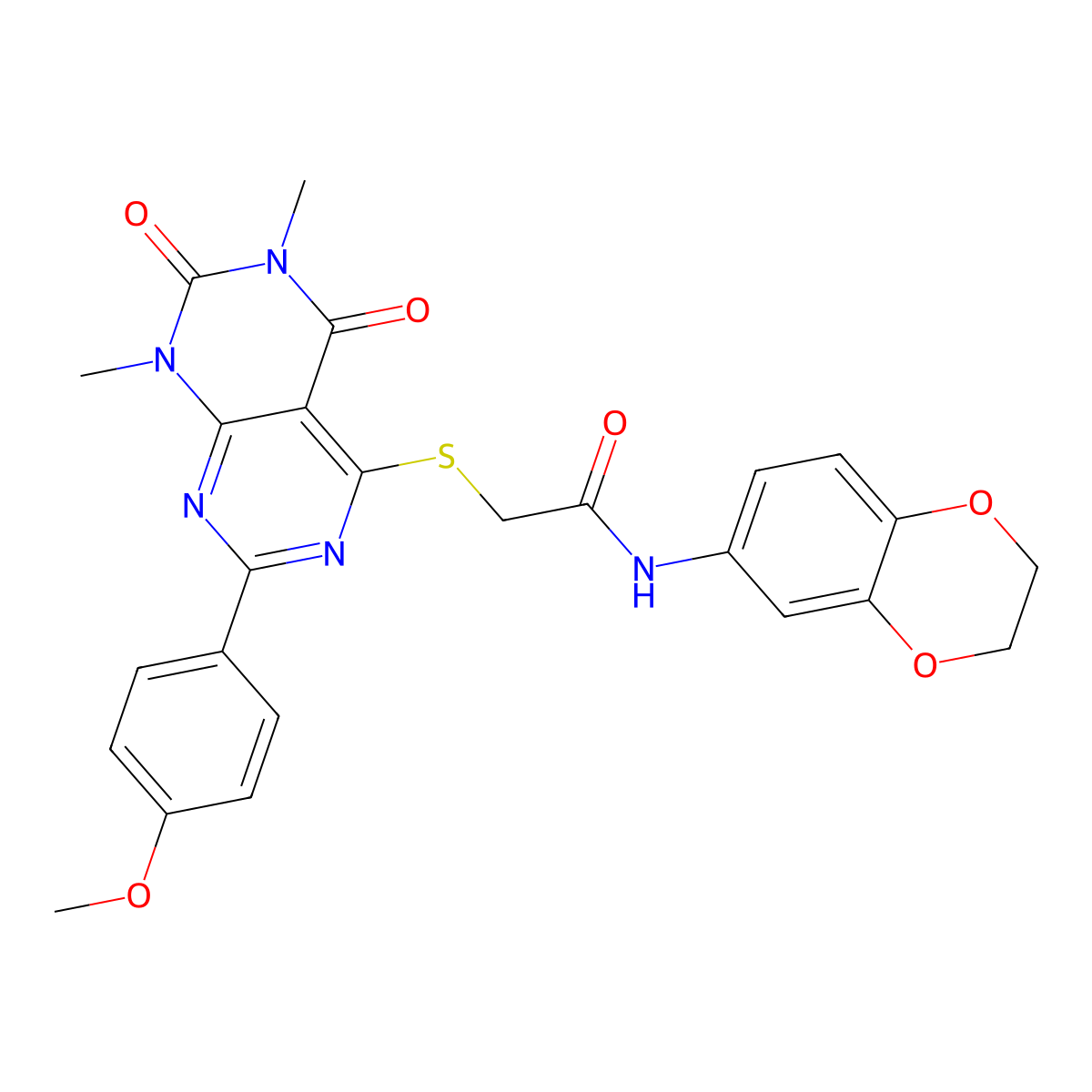 N-(2,3-dihydrobenzo[b][1,4]dioxin-6-yl)-2-((2-(4-methoxyphenyl)-6,8-dimethyl-5,7-dioxo-5,6,7,8-tetrahydropyrimido[4,5-d]pyrimidin-4-yl)thio)acetamide molecular structure, CAS 852168-59-3