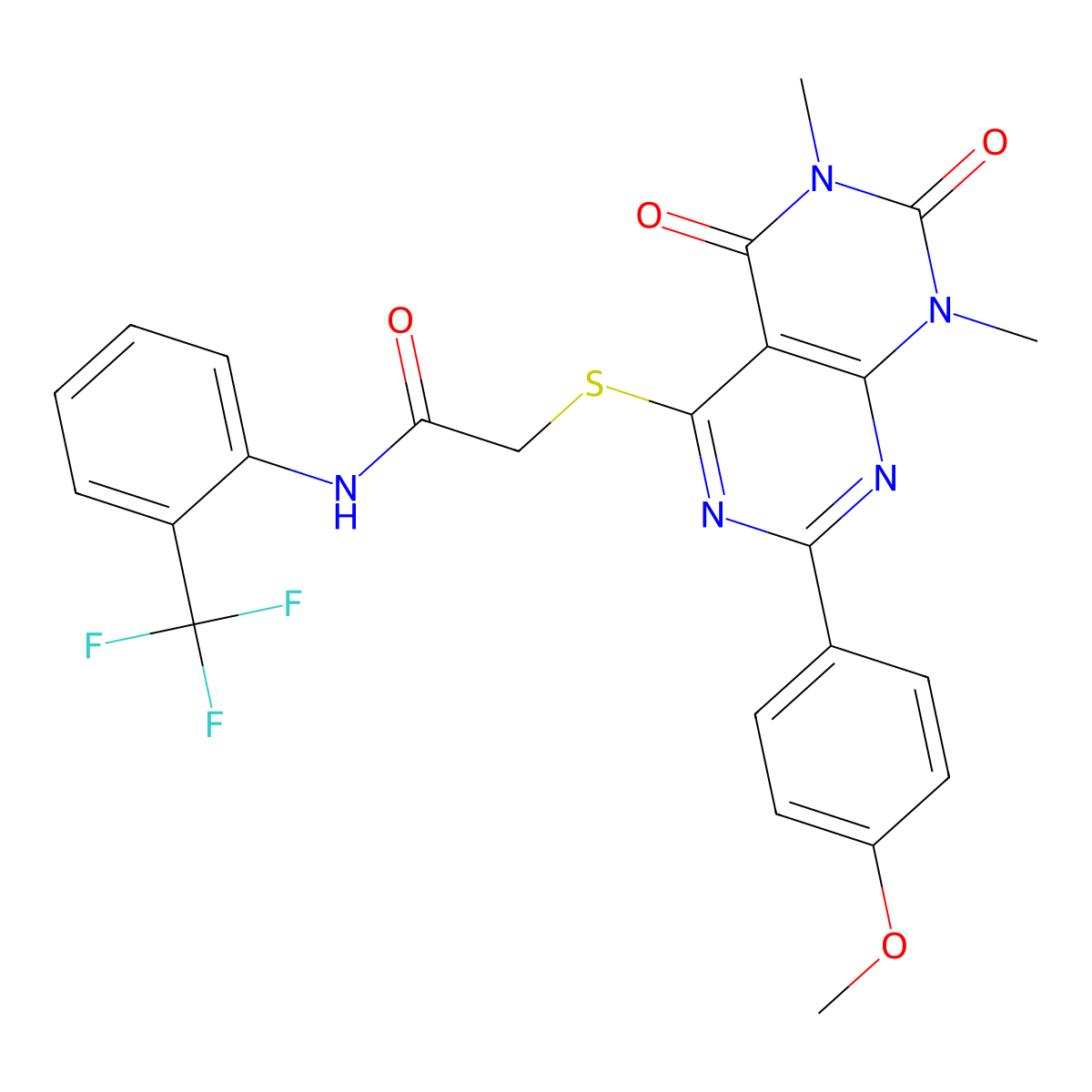 2-((2-(4-methoxyphenyl)-6,8-dimethyl-5,7-dioxo-5,6,7,8-tetrahydropyrimido[4,5-d]pyrimidin-4-yl)thio)-N-(2-(trifluoromethyl)phenyl)acetamide molecular structure, CAS 852168-61-7