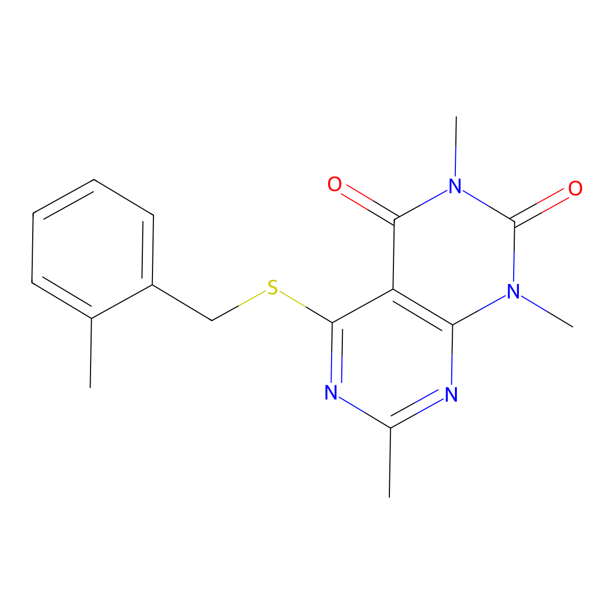 1,3,7-trimethyl-5-((2-methylbenzyl)thio)pyrimido[4,5-d]pyrimidine-2,4(1H,3H)-dione molecular structure, CAS 852168-62-8