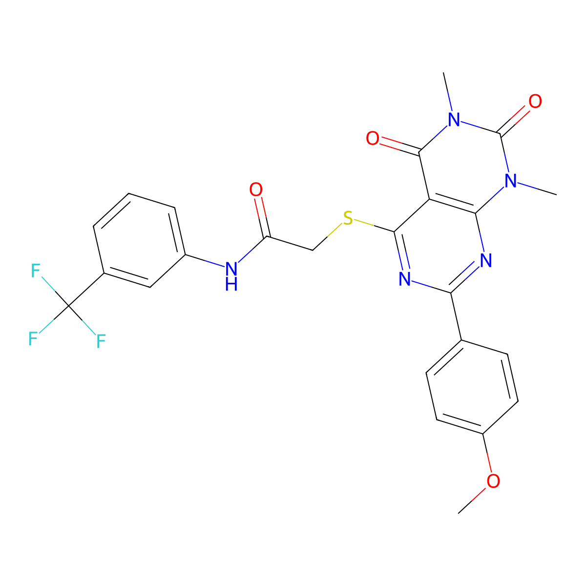 2-((2-(4-methoxyphenyl)-6,8-dimethyl-5,7-dioxo-5,6,7,8-tetrahydropyrimido[4,5-d]pyrimidin-4-yl)thio)-N-(3-(trifluoromethyl)phenyl)acetamide molecular structure, CAS 852168-63-9