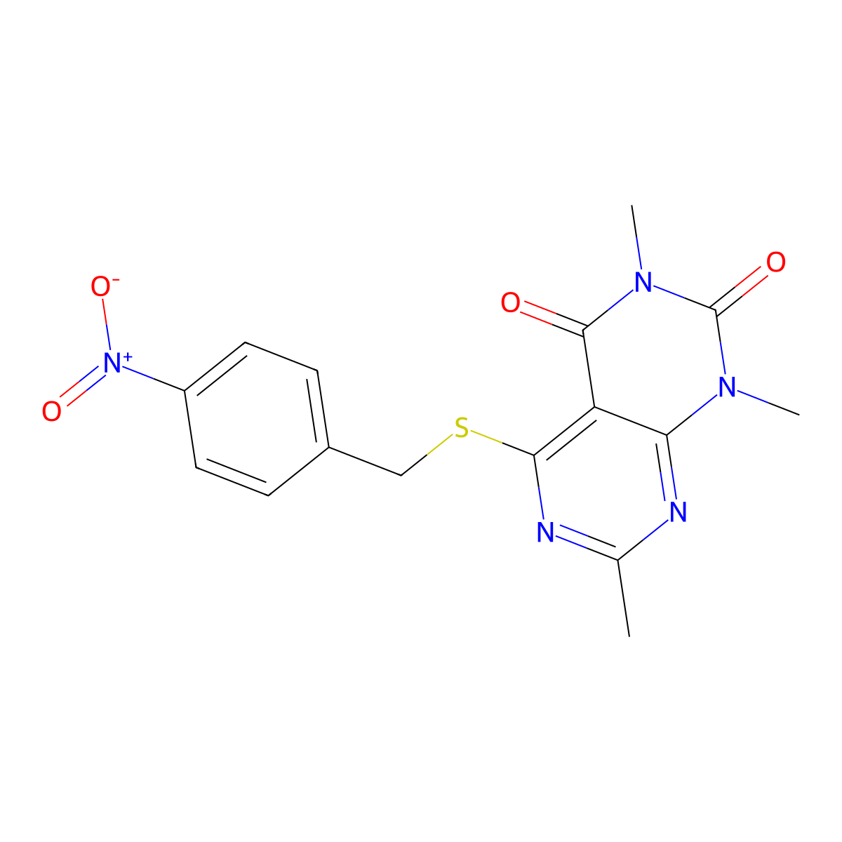 1,3,7-trimethyl-5-((4-nitrobenzyl)thio)pyrimido[4,5-d]pyrimidine-2,4(1H,3H)-dione molecular structure, CAS 852168-64-0
