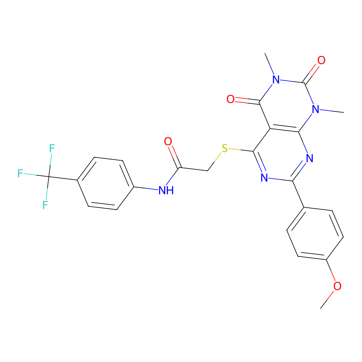 2-((2-(4-methoxyphenyl)-6,8-dimethyl-5,7-dioxo-5,6,7,8-tetrahydropyrimido[4,5-d]pyrimidin-4-yl)thio)-N-(4-(trifluoromethyl)phenyl)acetamide molecular structure, CAS 852168-65-1